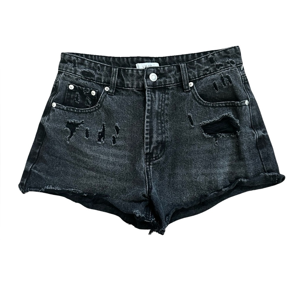 Lilou High-Rise Distressed Denim Shorts Black Stonewash Women’s Medium WAIST 30.